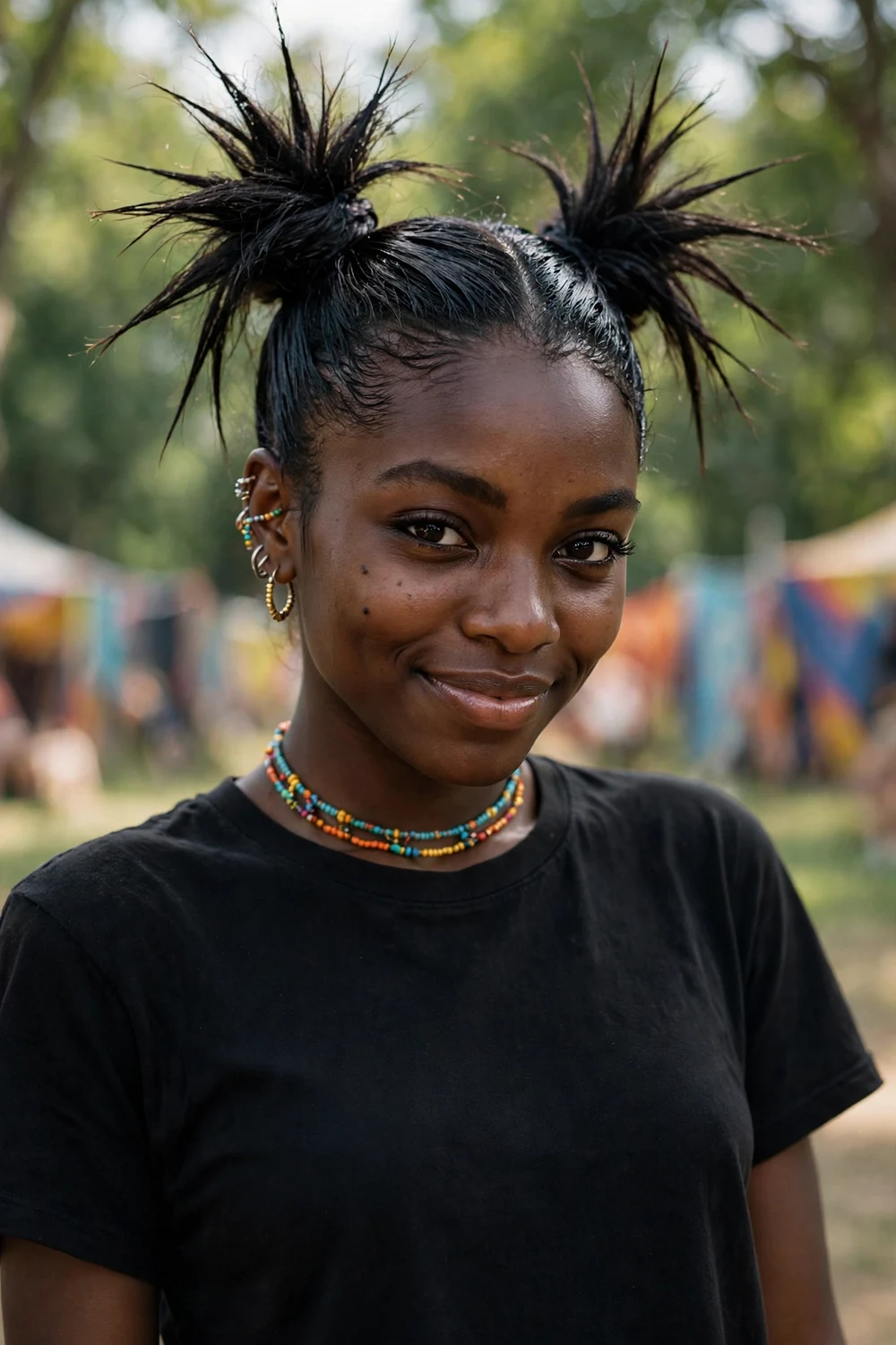 Two spiky high space buns with the rest of the hair slicked back on a Black woman