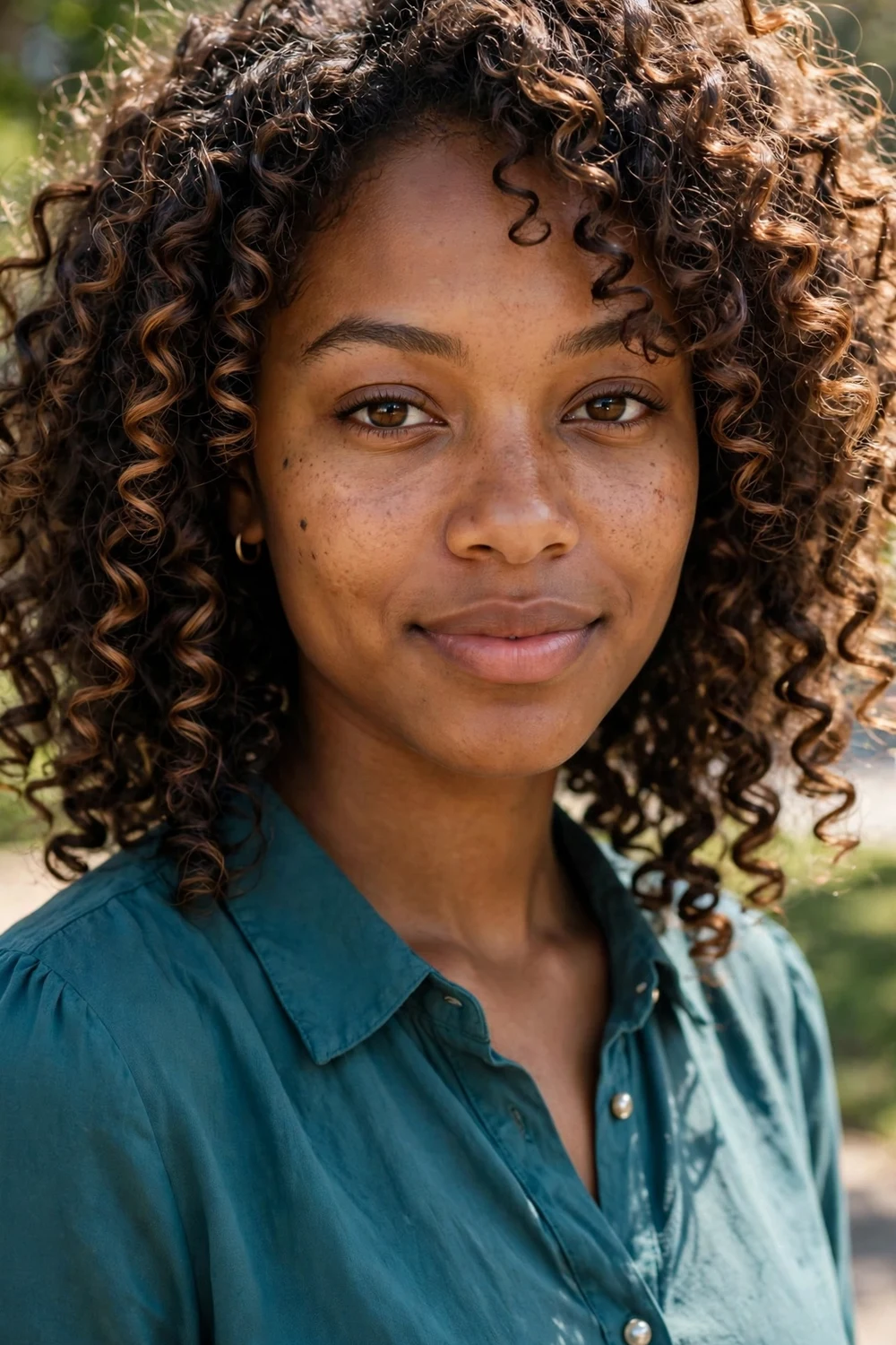 Defined bouncy spiral curls falling to the shoulders on a Black woman