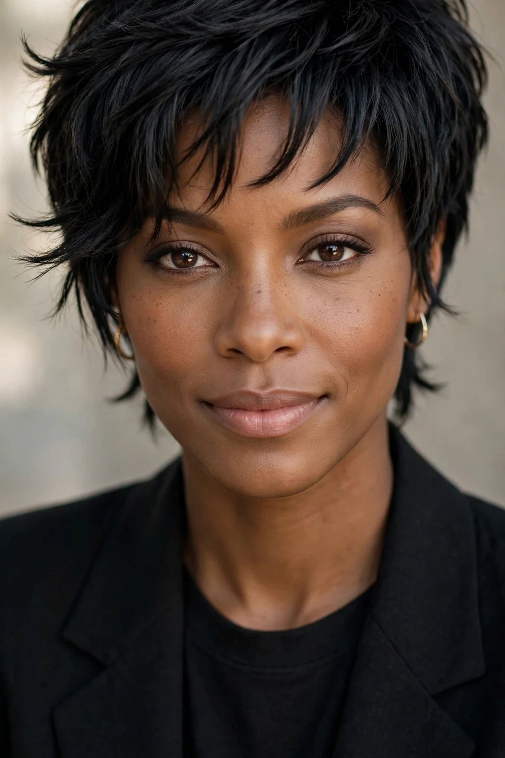Short textured pixie cut with face-framing feathered layers on a Black woman