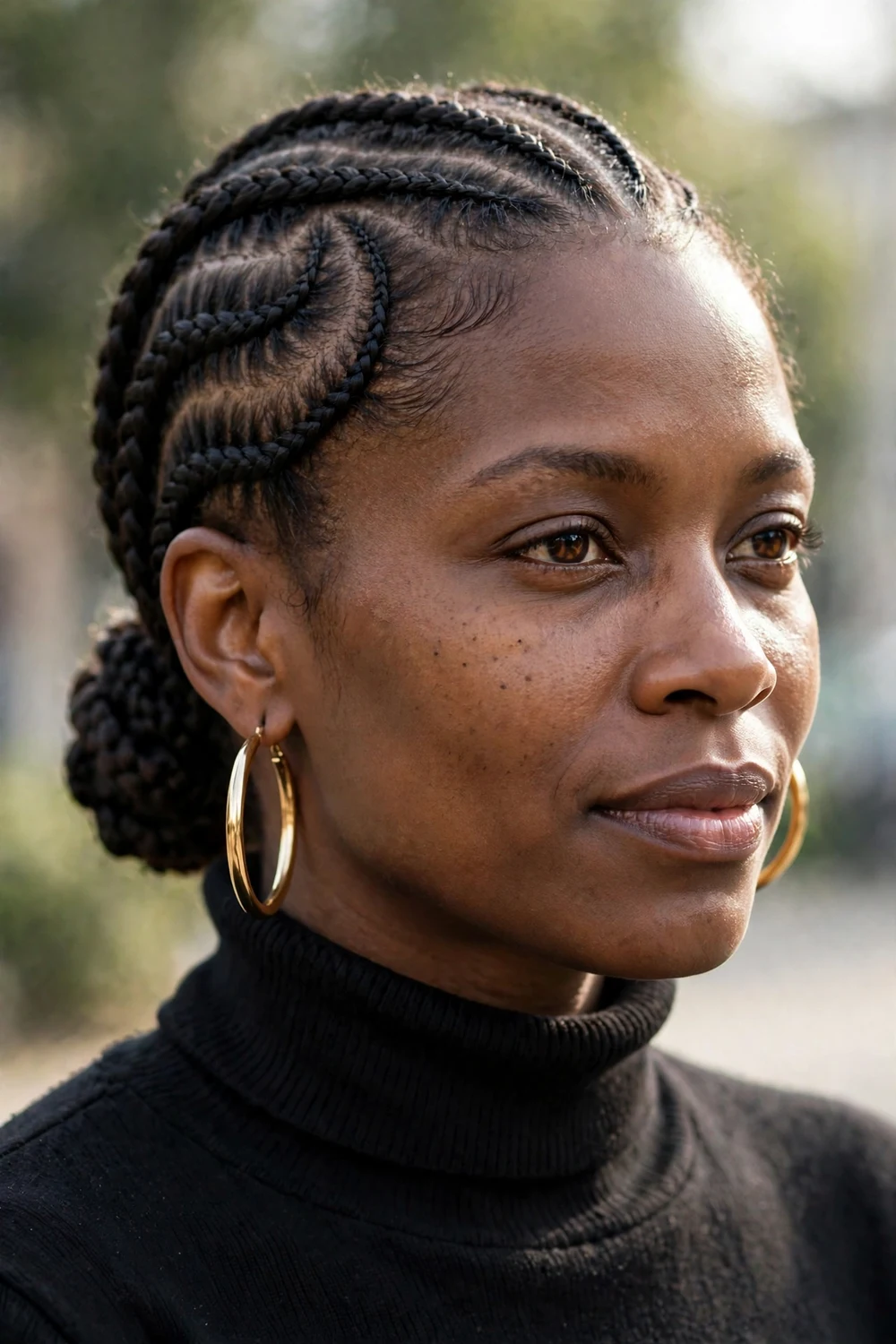Shoulder-length two-strand twists with small gold hair cuffs on a Black woman