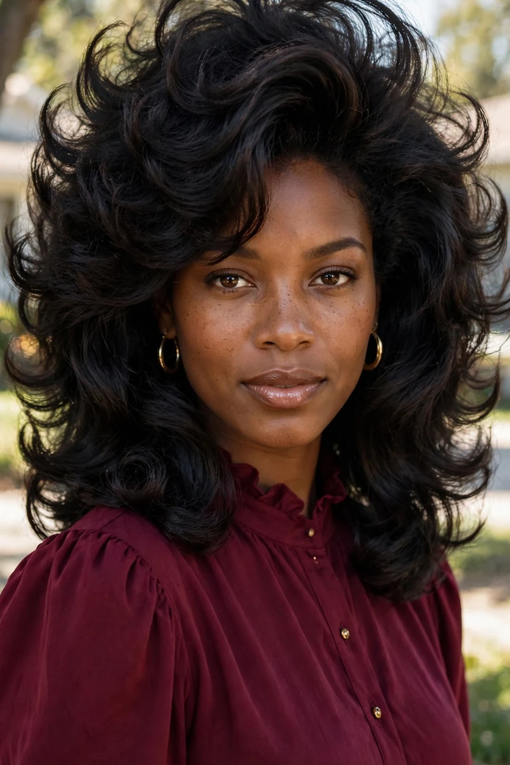Big voluminous bouncy blowout with feathered layers on a Black woman