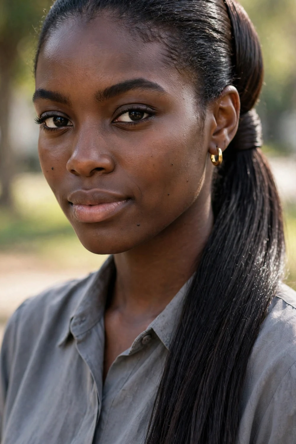Polished ponytail with a section of hair wrapped around the base hiding the elastic