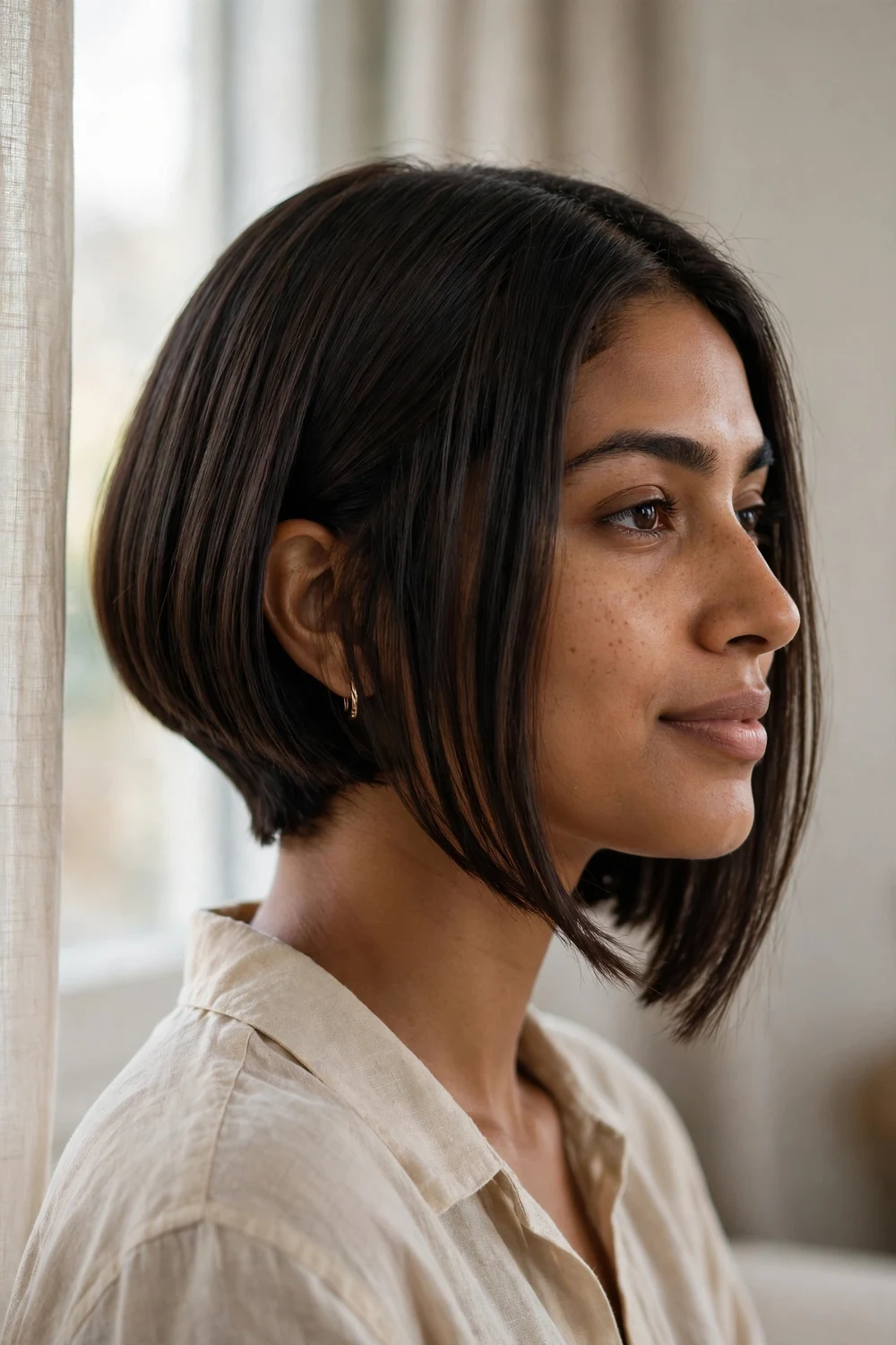 Clean A-line angled bob on a woman with a round face, dark brown hair with a straight diagonal cut line