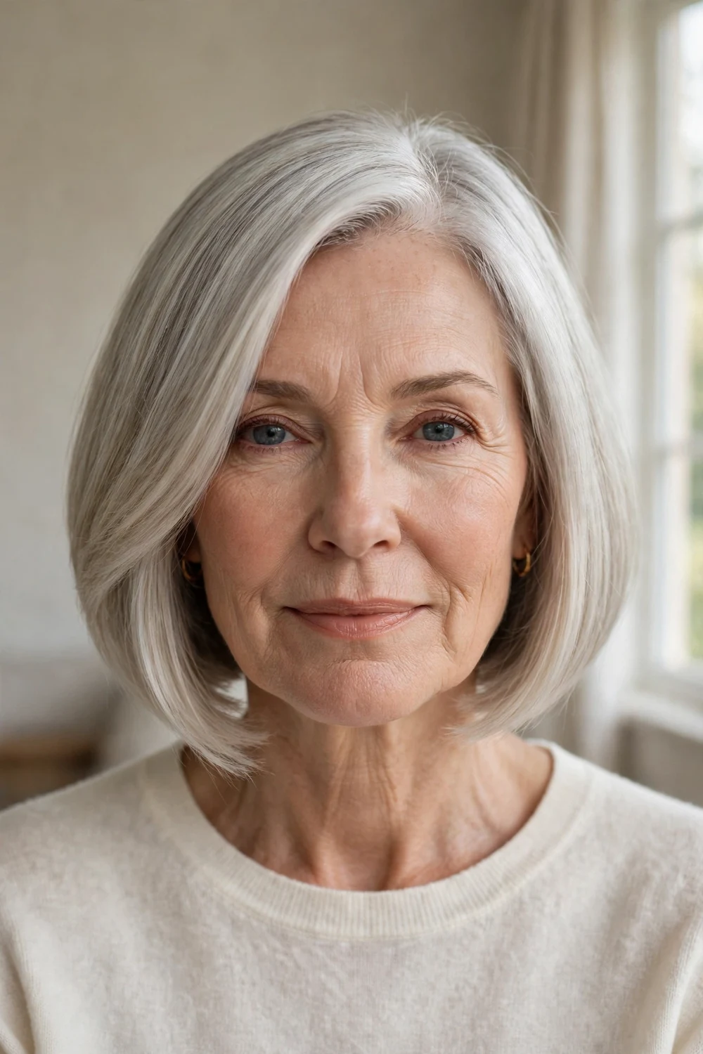 A-line bob on a woman over 50 with soft polished styling
