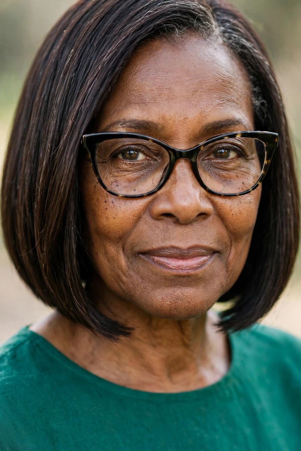 A-line bob with longer front pieces on a woman over 60 with glasses