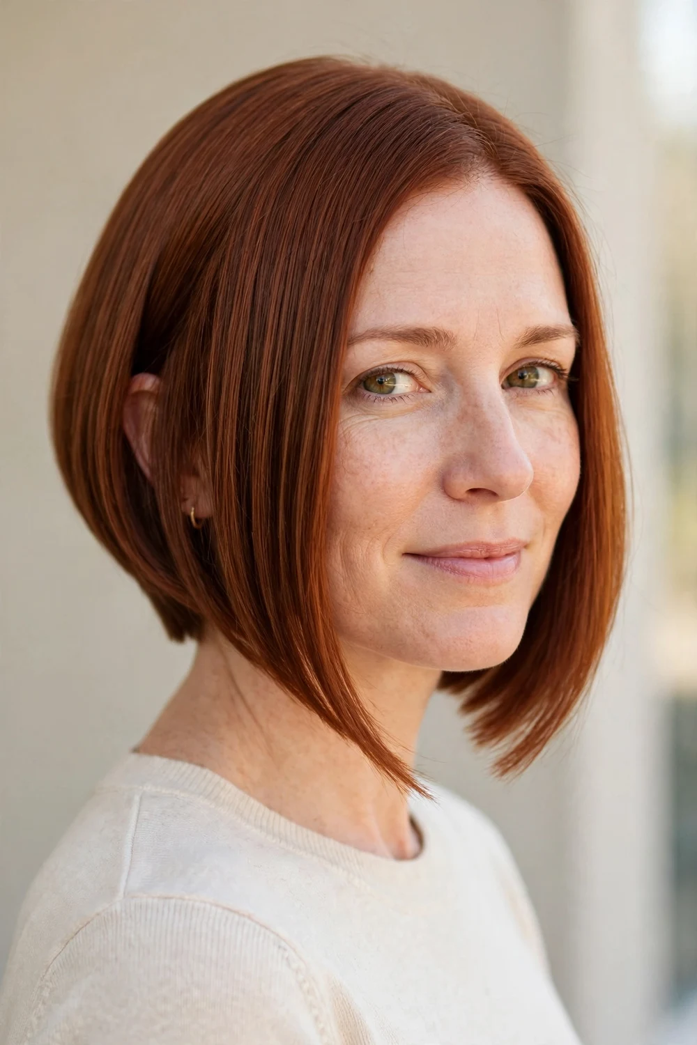 Woman with an A-line bob, angled longer at the front