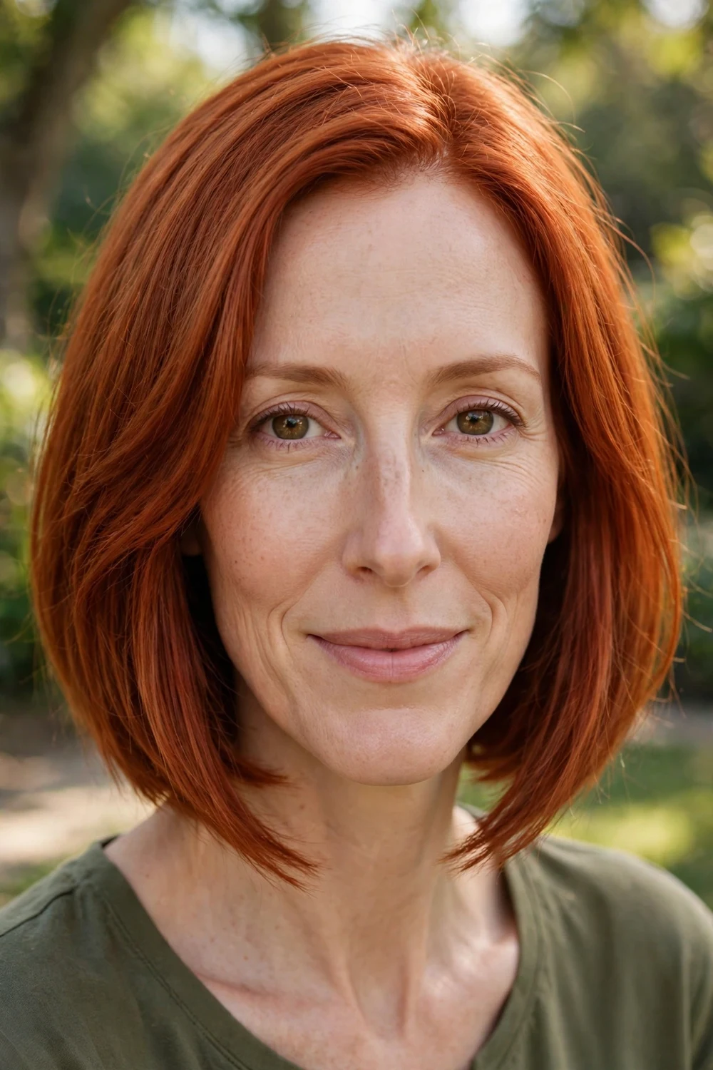 Woman with a long oval face wearing an A-line bob shorter at the back and longer at the chin
