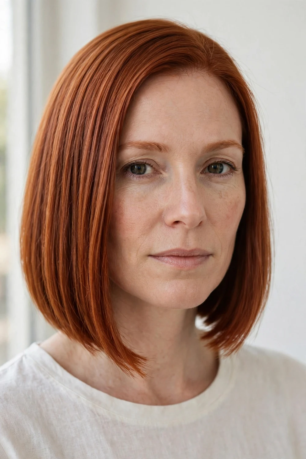 Woman with an A-line bob on straight hair, shorter at the back and angling longer toward the front