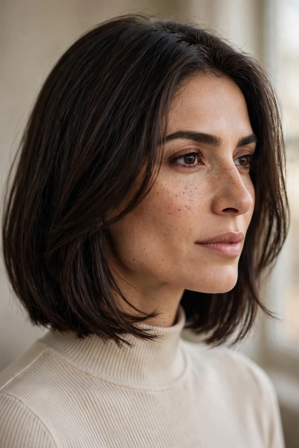 A-line bob with long front pieces framing a square jawline