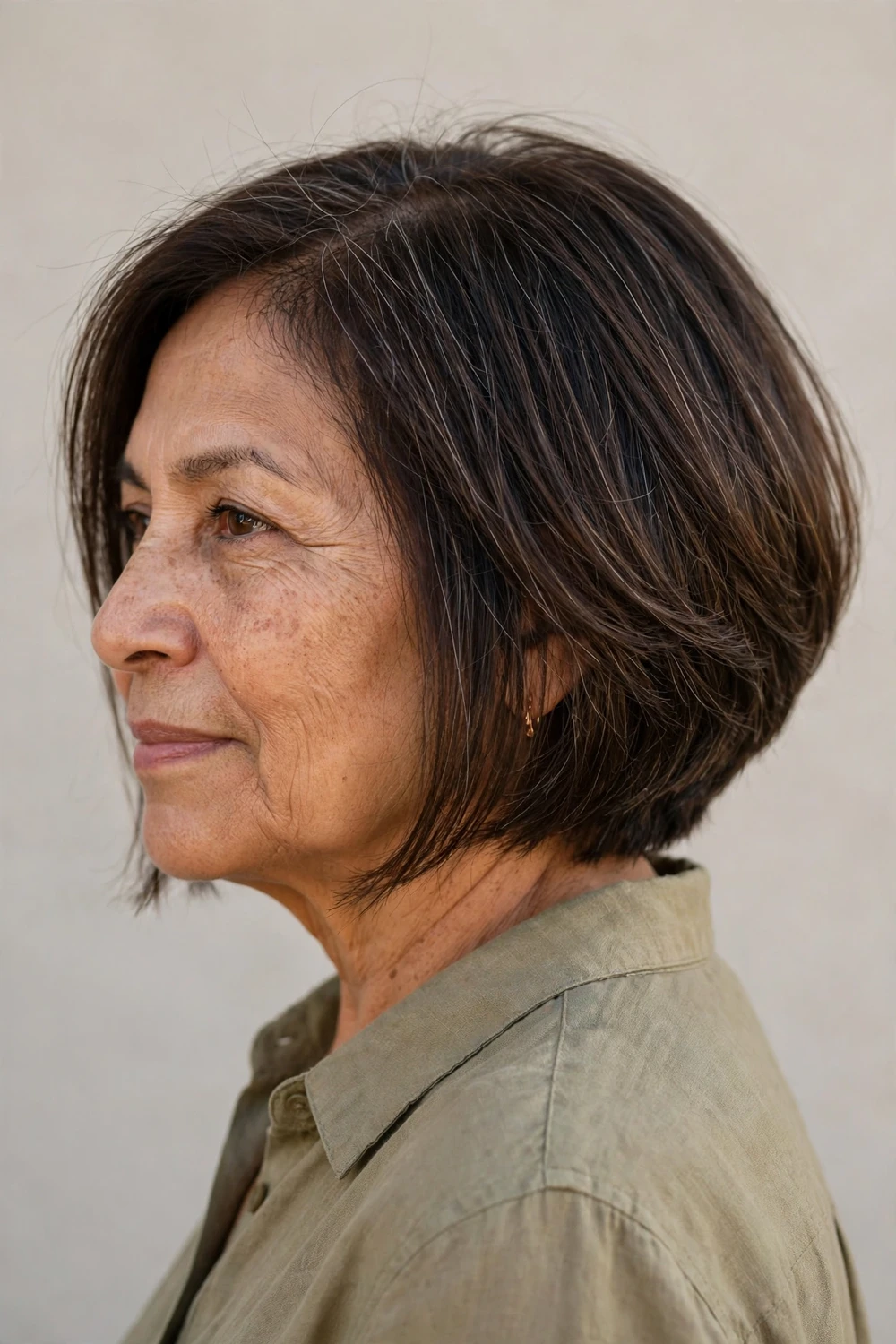 Woman in her 50s with an A-line layered bob angled to add shape to thin hair