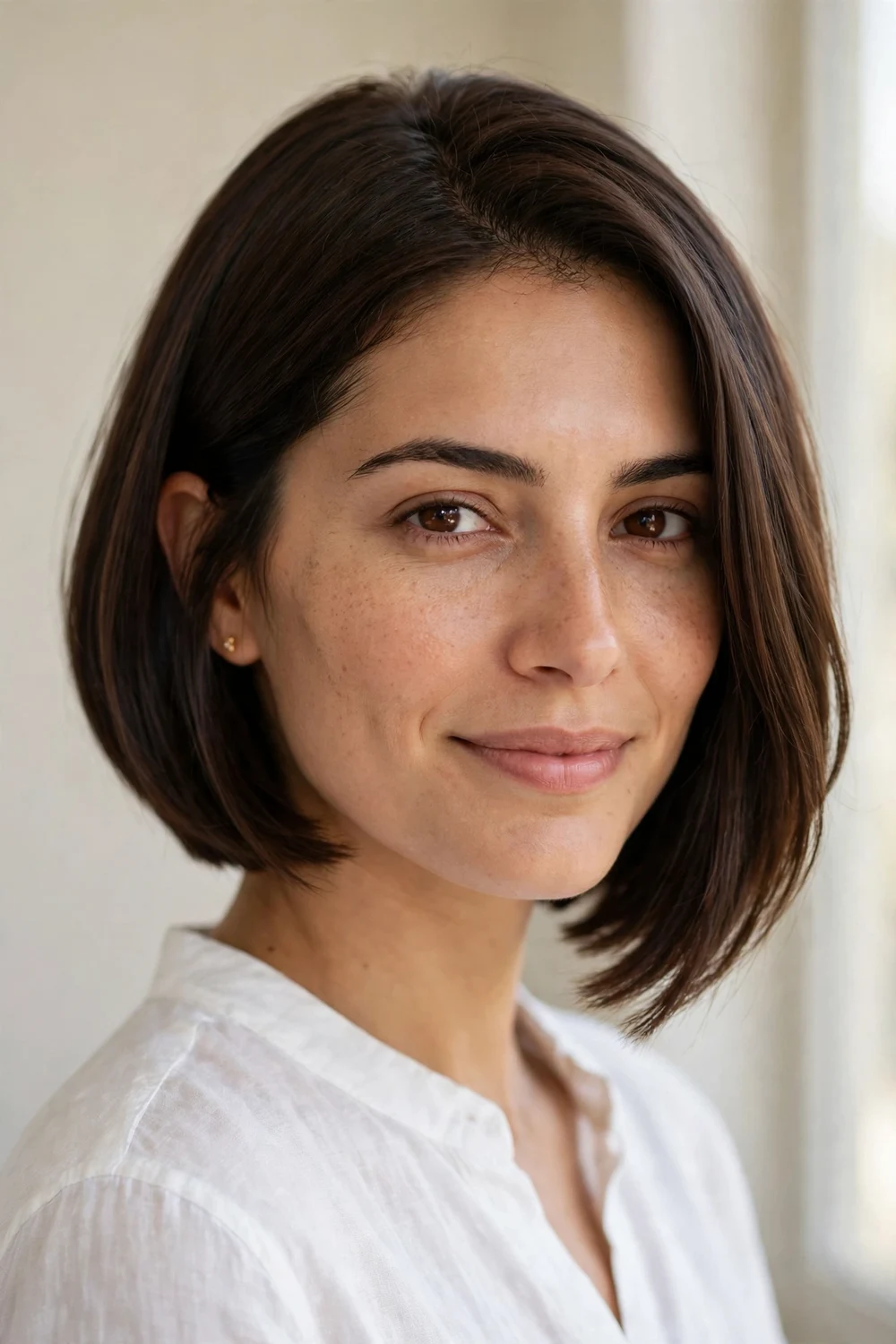 Woman with an A-line layered bob, longer front and shorter back