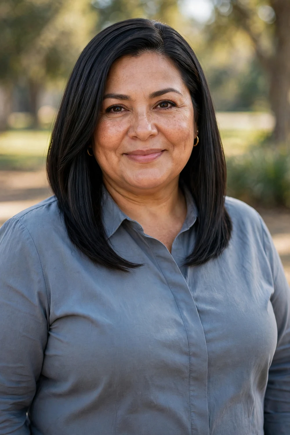Plus-size Latina woman in her late 40s with an A-line long bob, sleek dark hair