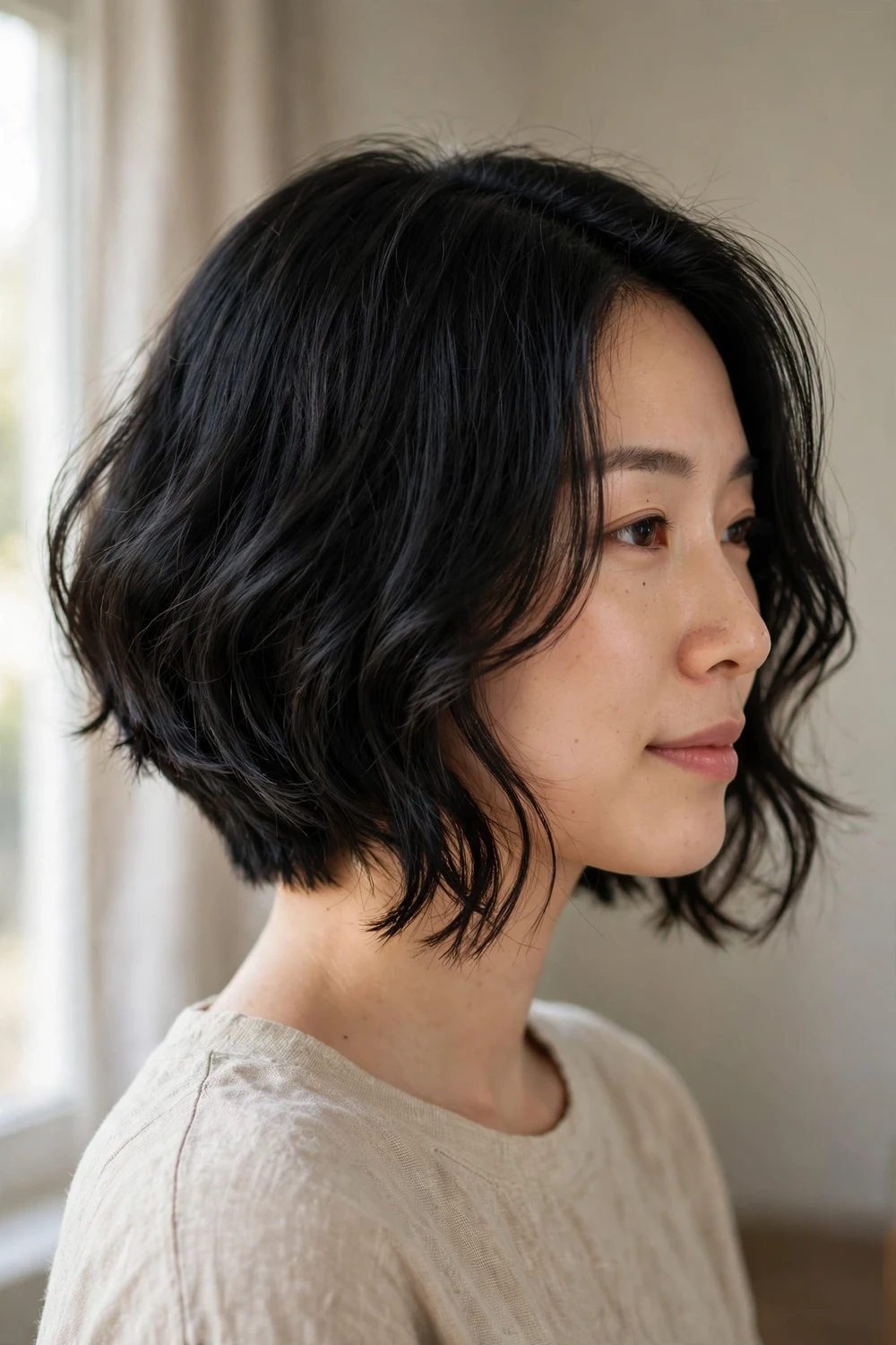 Woman with an A-line wavy bob and face-framing layers