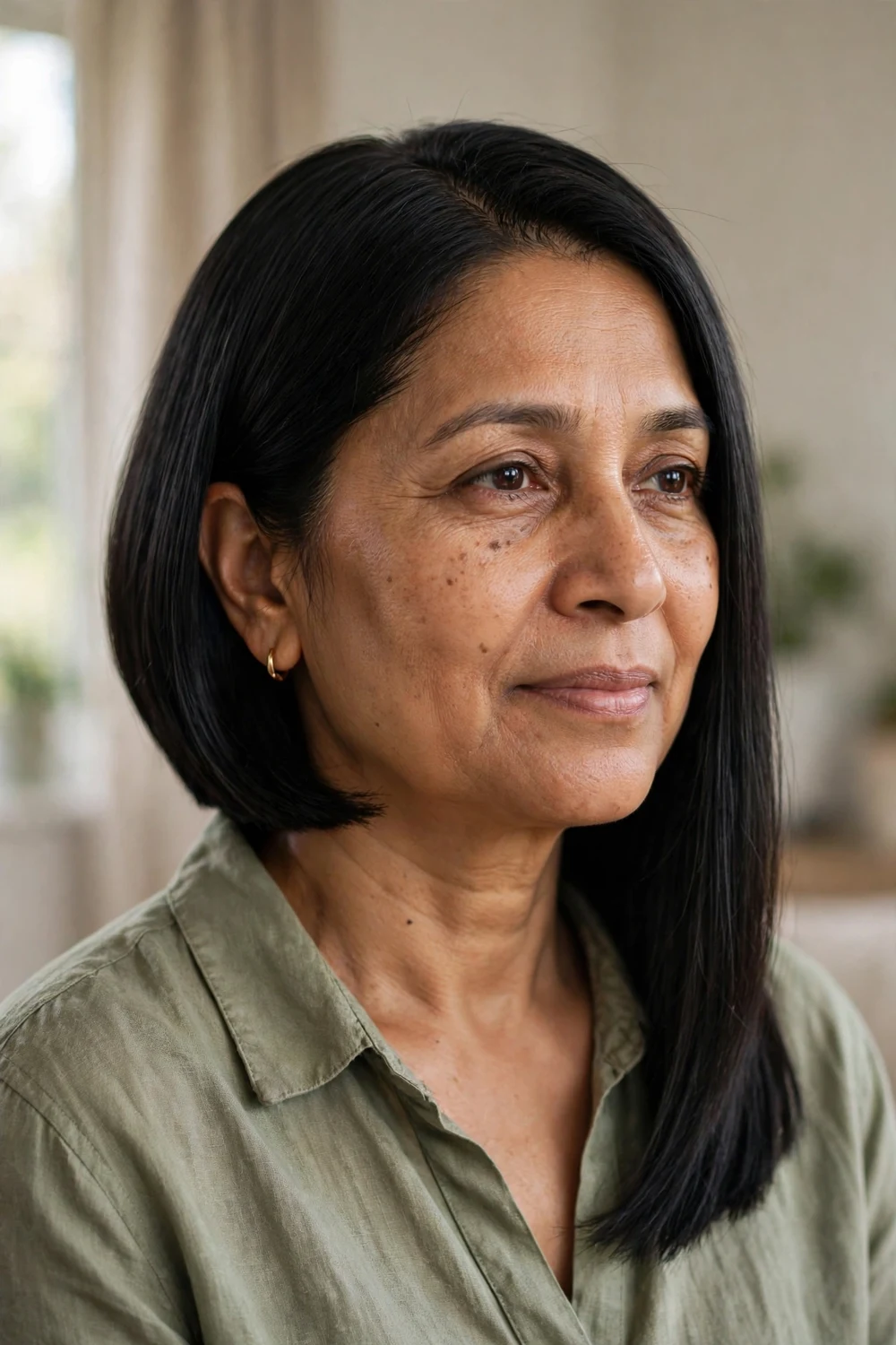 Blunt angled lob with thick-looking ends falling past the shoulders