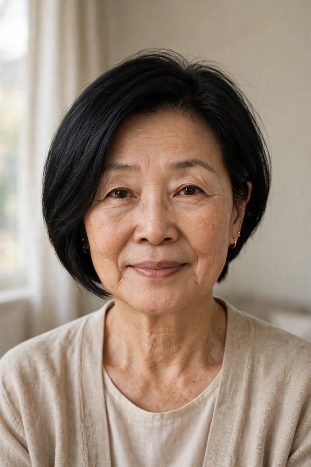 Chin-length angled bob with front sections framing the chin on a mature woman
