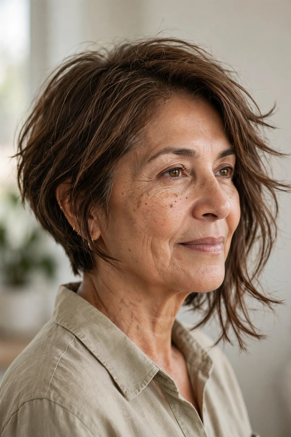 Choppy angled bob with uneven textured layers on a woman in her late fifties