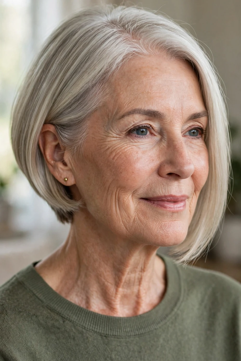 Classic angled bob on a woman over 50 with thin gray-blonde hair, shorter back and longer front