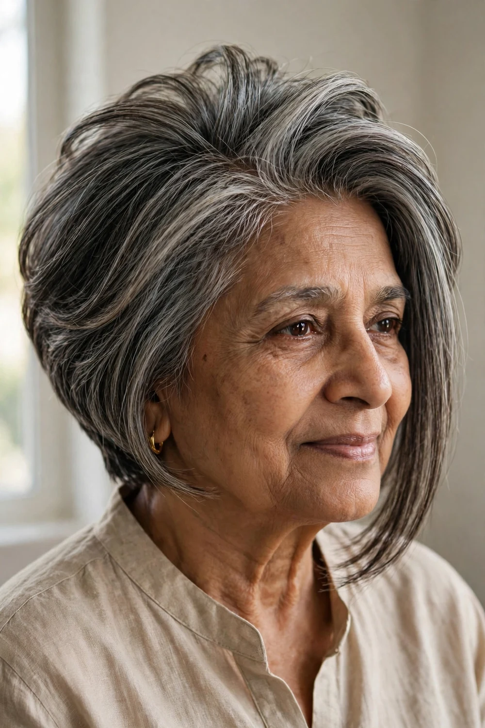 Angled bob with built-up volume at the crown for thin hair over 50
