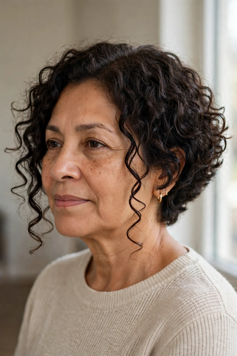Curly angled bob showing natural curls with the angled cut structure