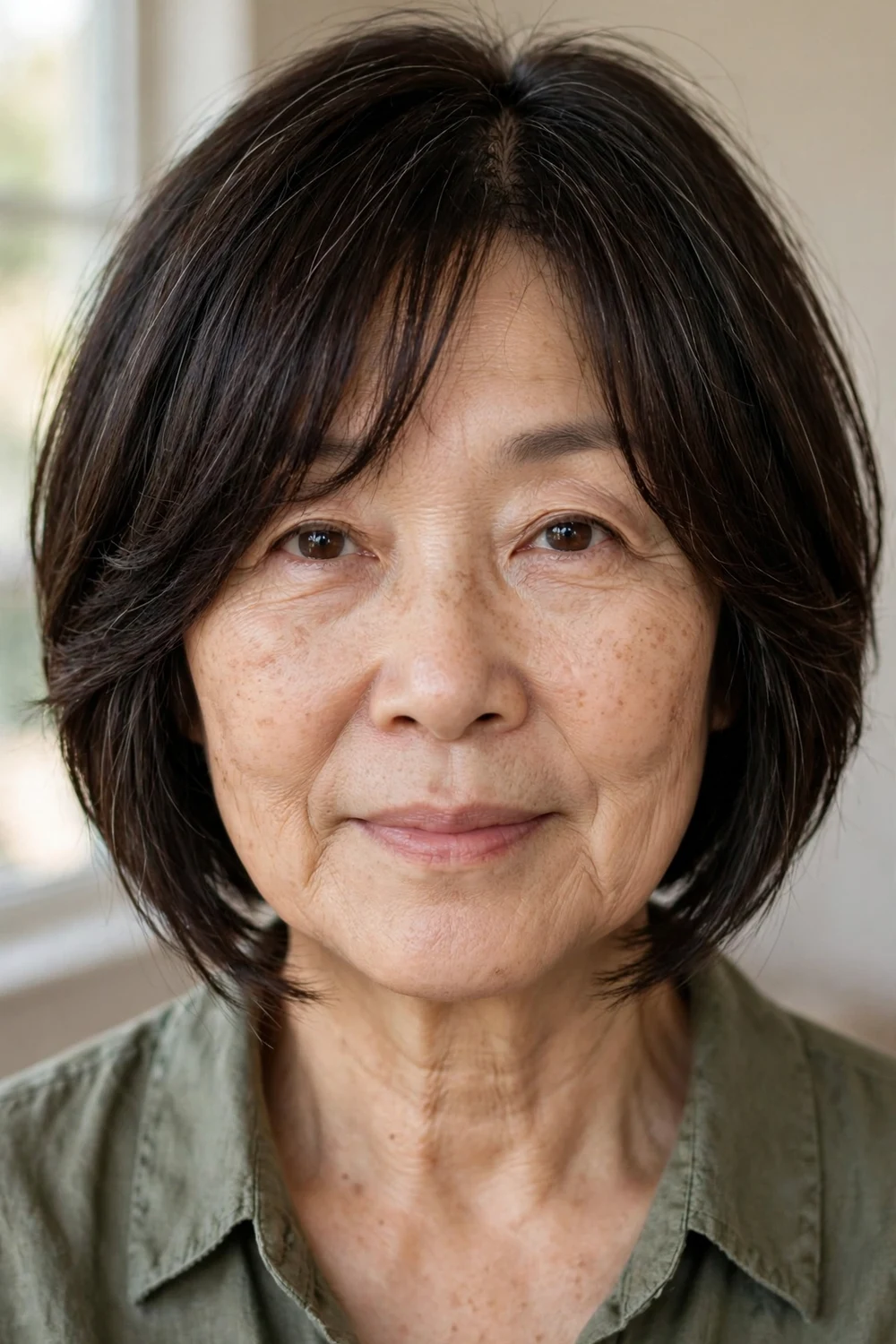 Angled bob with curtain bangs parted in the middle framing the face