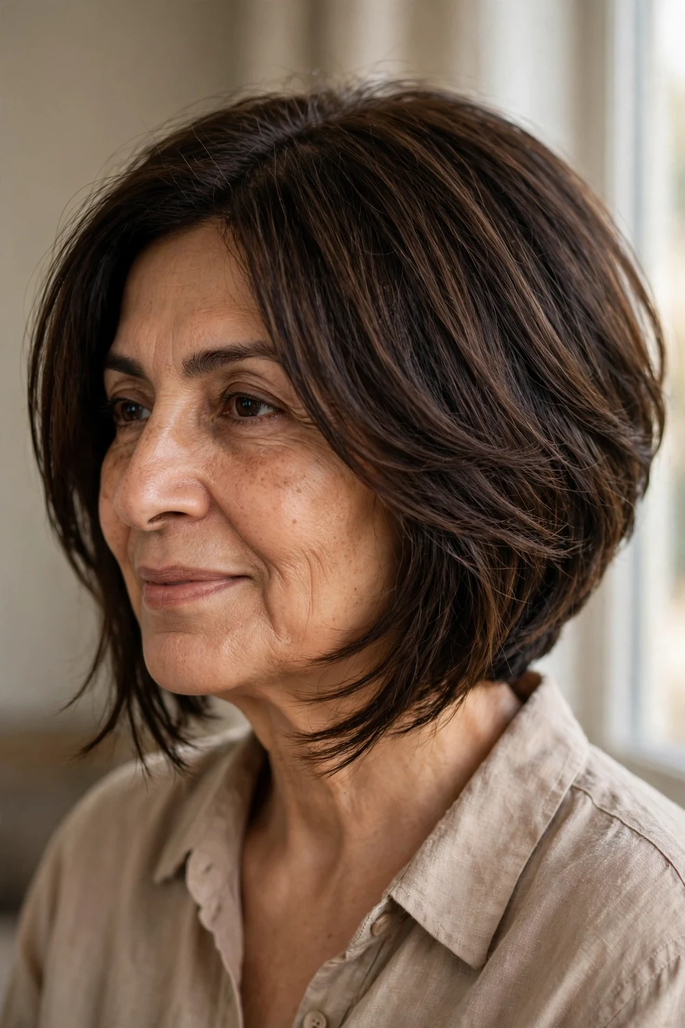 Angled bob with face-framing layers drawing attention to the cheekbones