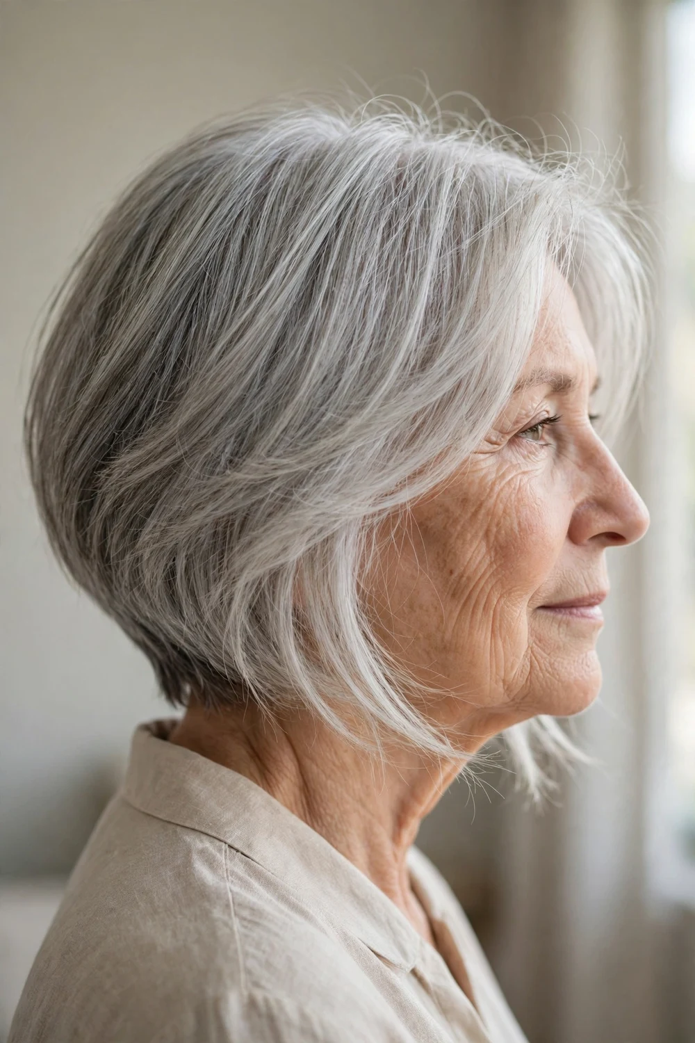 Feathered angled bob with light airy layers softening the cut on thin silver hair