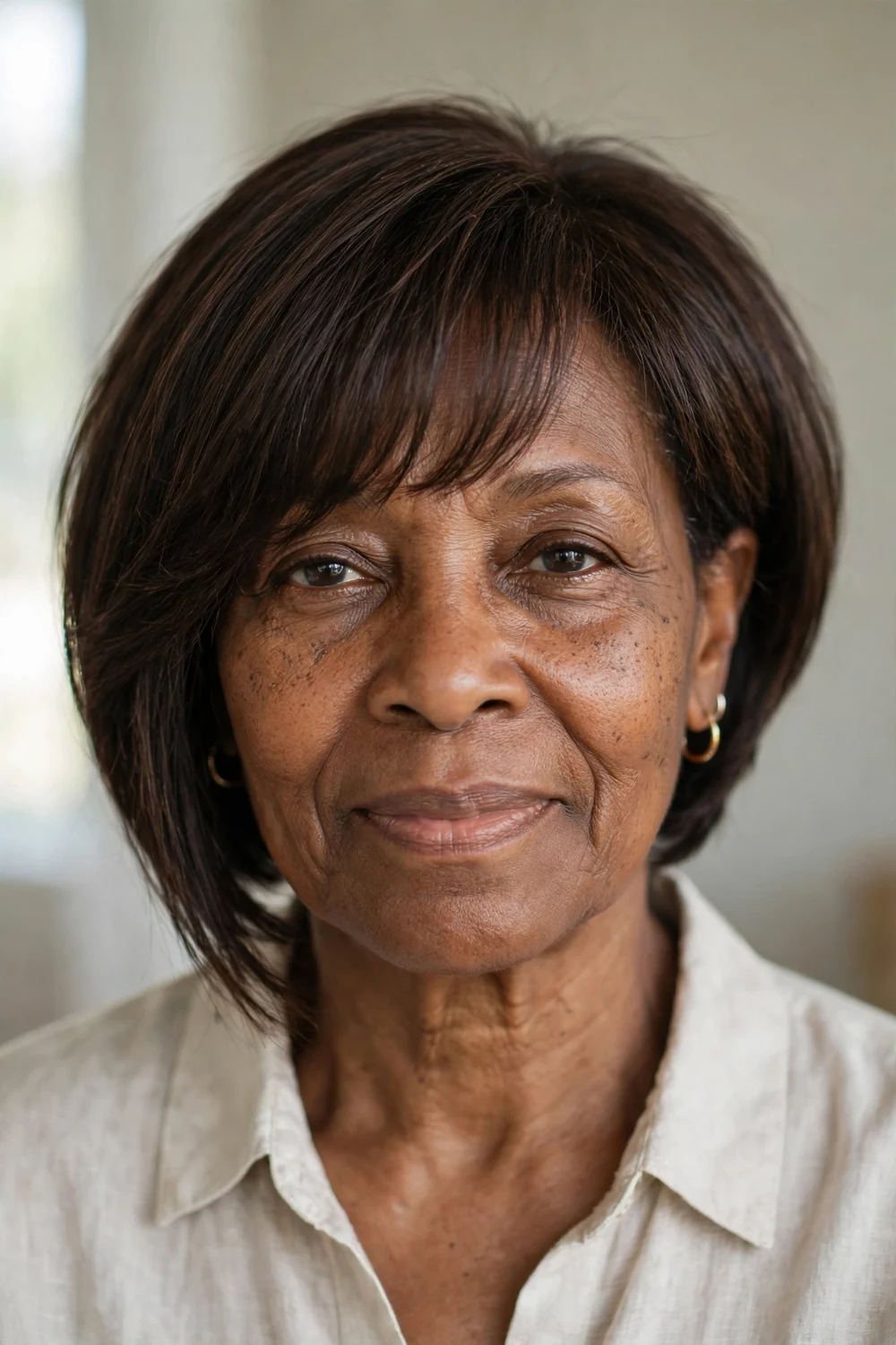Angled bob with soft fringe framing the forehead on a woman over 50