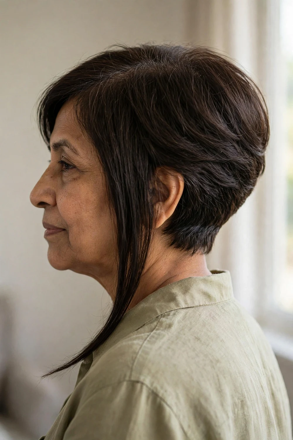 Layered angled bob with extra-long front sections framing the face