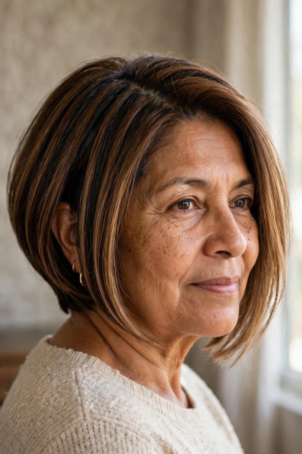 Angled bob with lowlights adding depth and dimension to thin brown hair