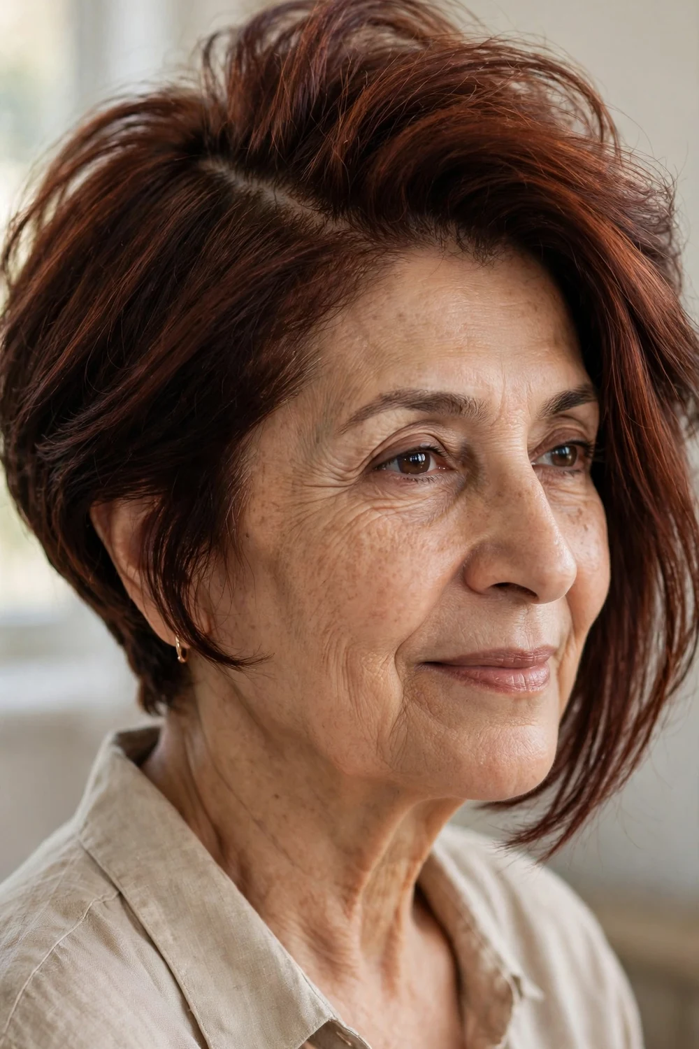Angled bob with a deep side part shifting volume across the head