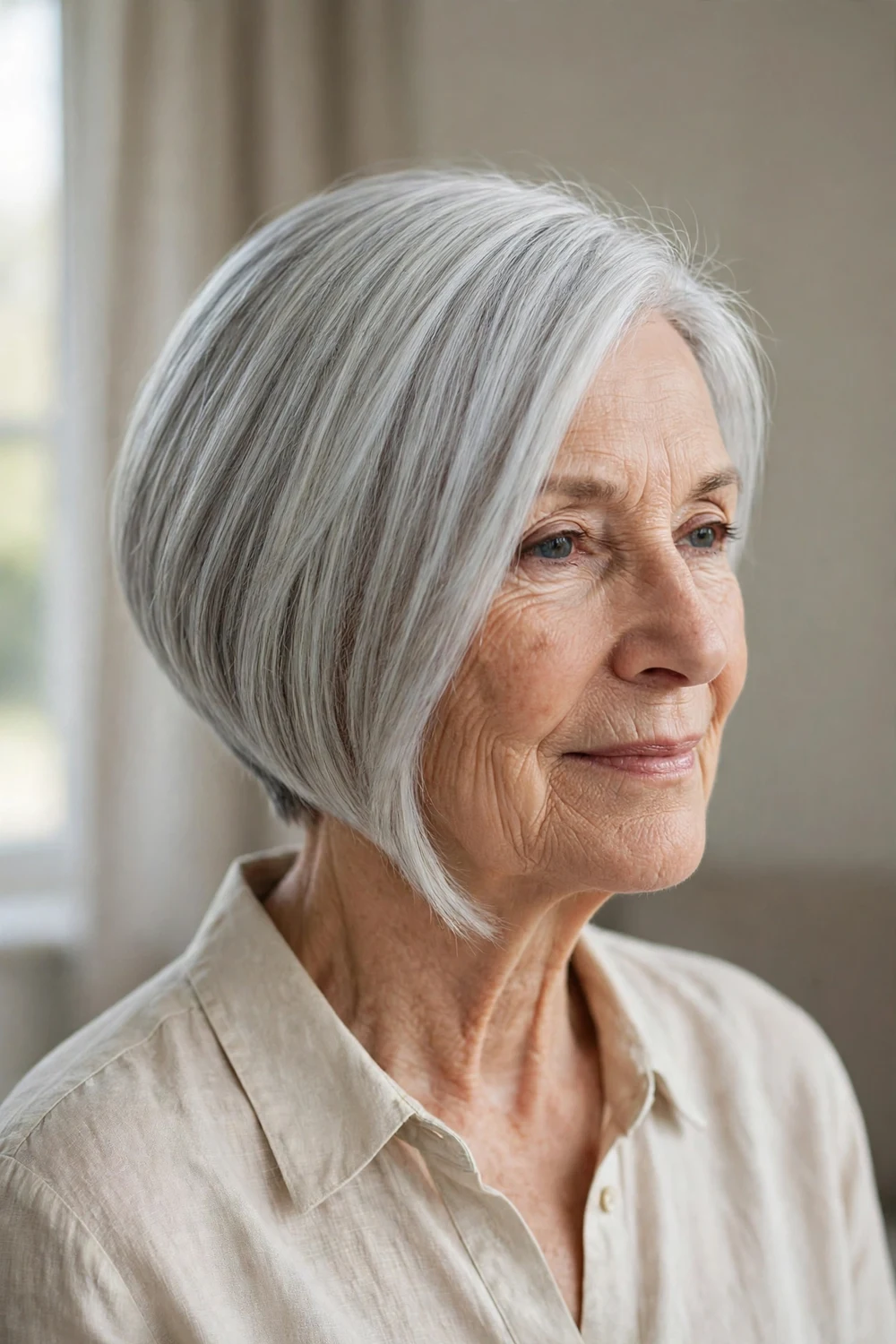 Silver gray angled bob on a woman over 50 embracing natural gray hair