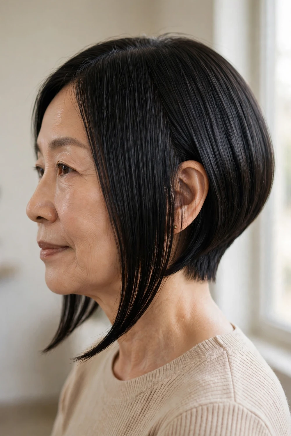Sleek straight angled bob with polished smooth finish on dark fine hair