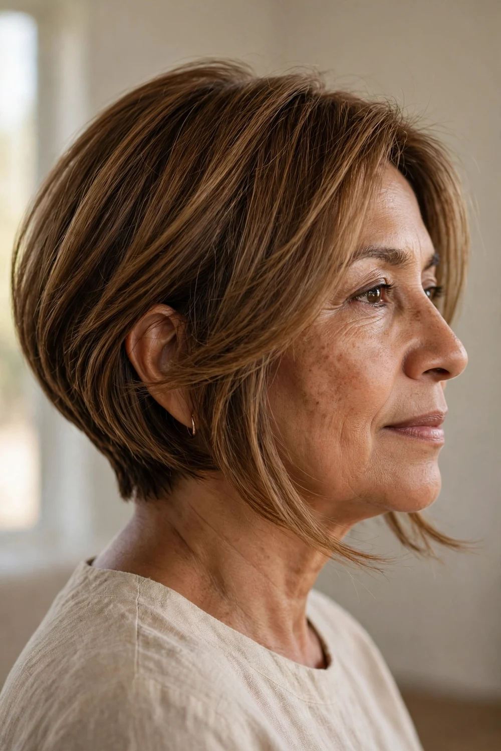 Soft layered angled bob with gentle layers on thin brown hair, woman in her fifties
