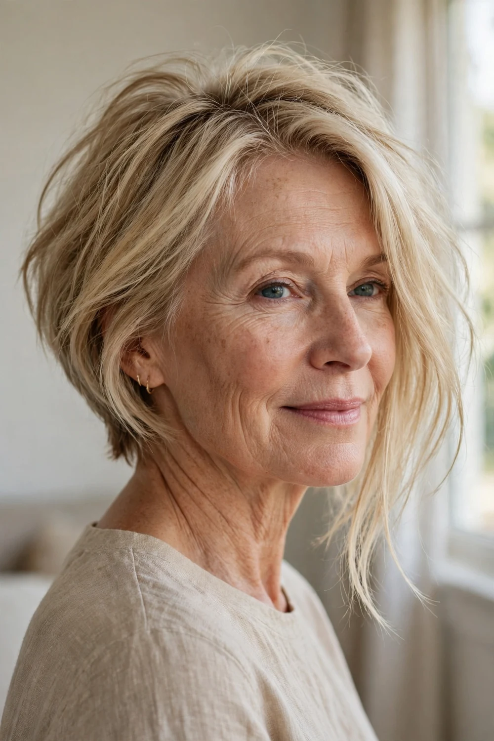 Tousled angled bob with effortless messy texture and movement