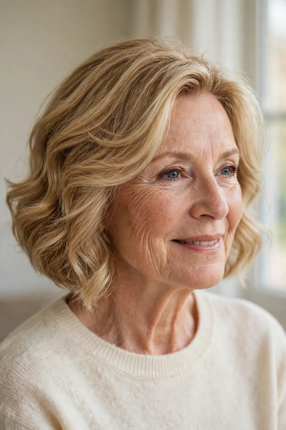 Wavy angled bob with soft bouncy waves adding volume for a mature woman