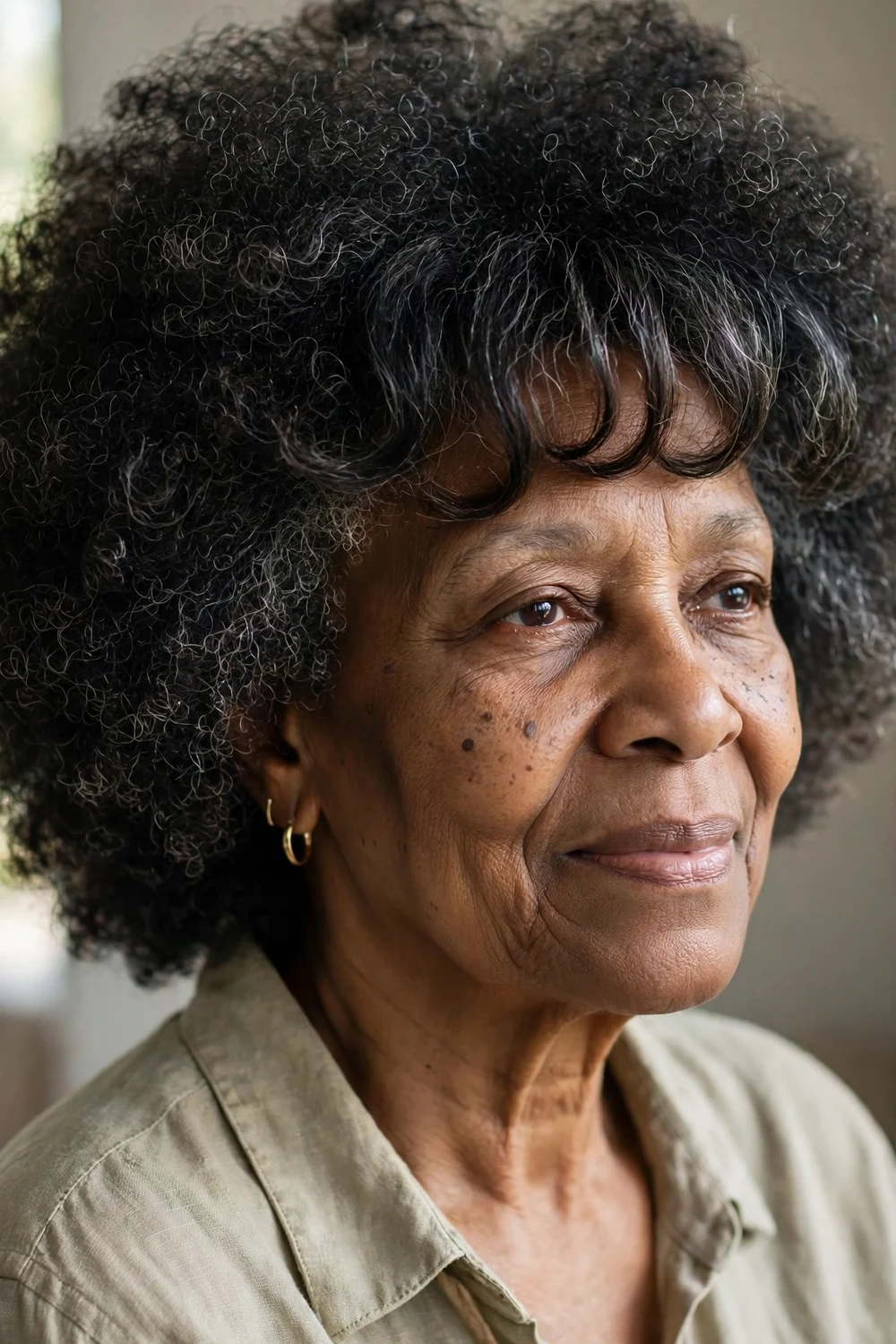 Older Black woman with an afro and curly bangs