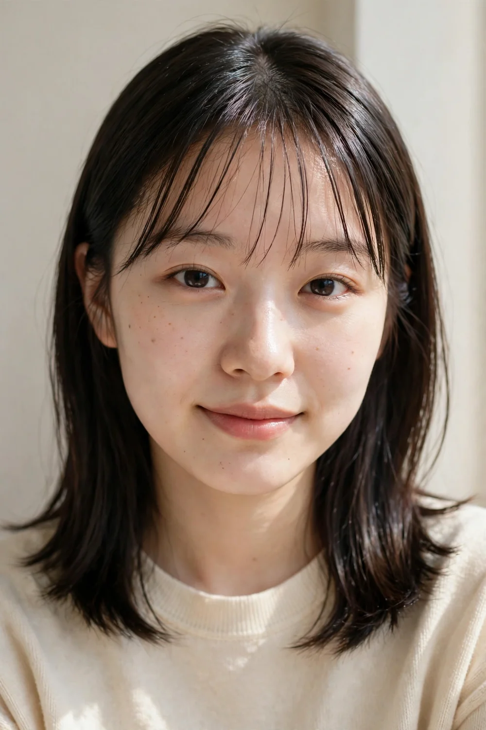 Woman with Korean style air bangs, ultra thin and wispy