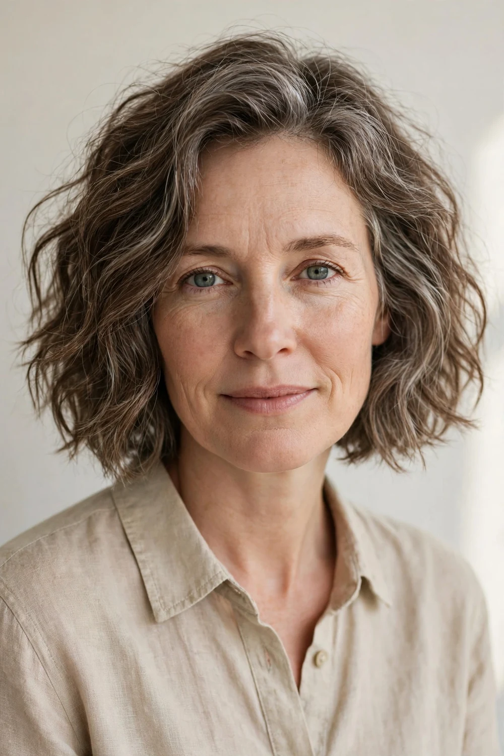 Woman in her forties with a wavy gray-streaked bob worn in natural air-dried texture