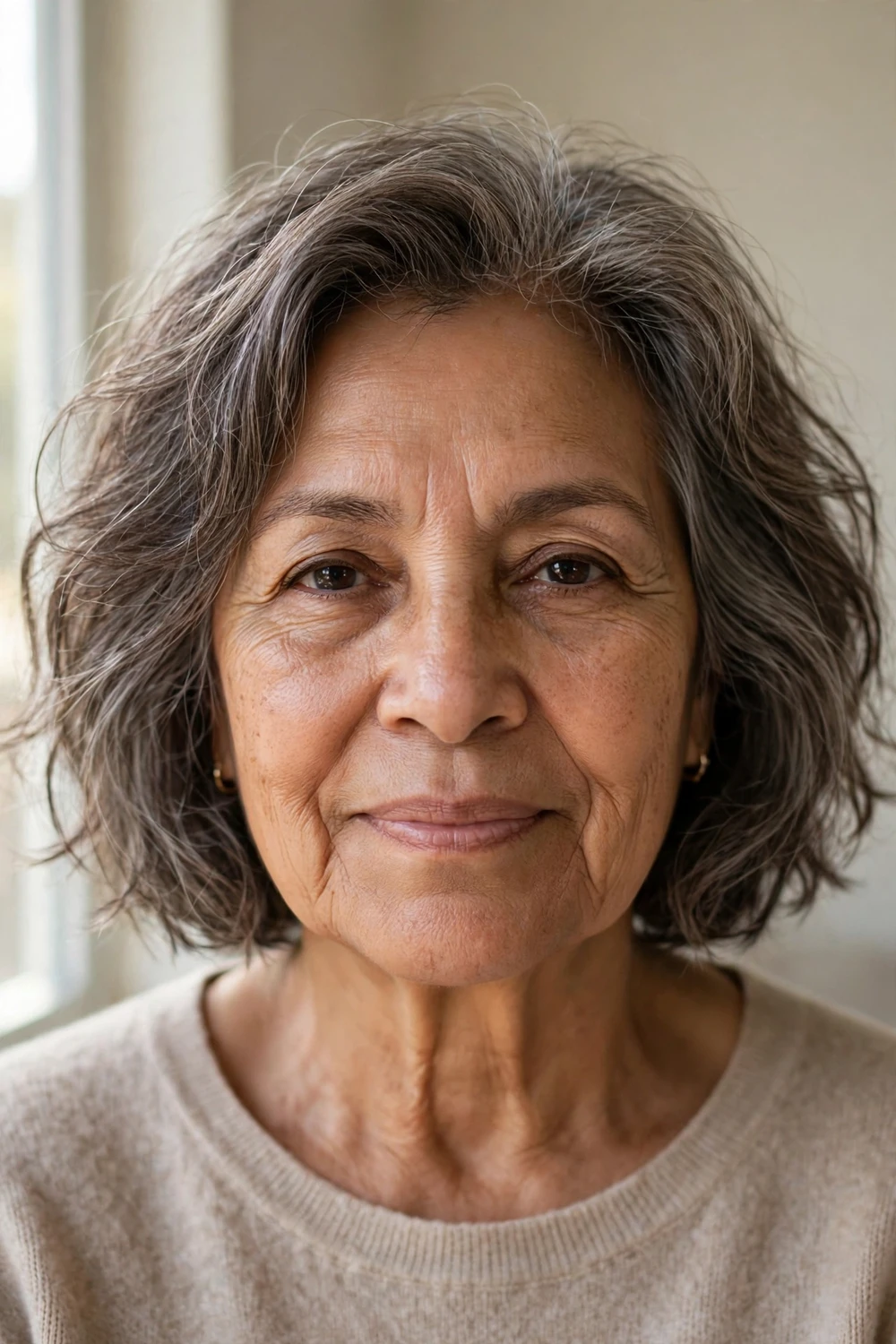 Air-dried undone bob with natural texture on a woman over 60