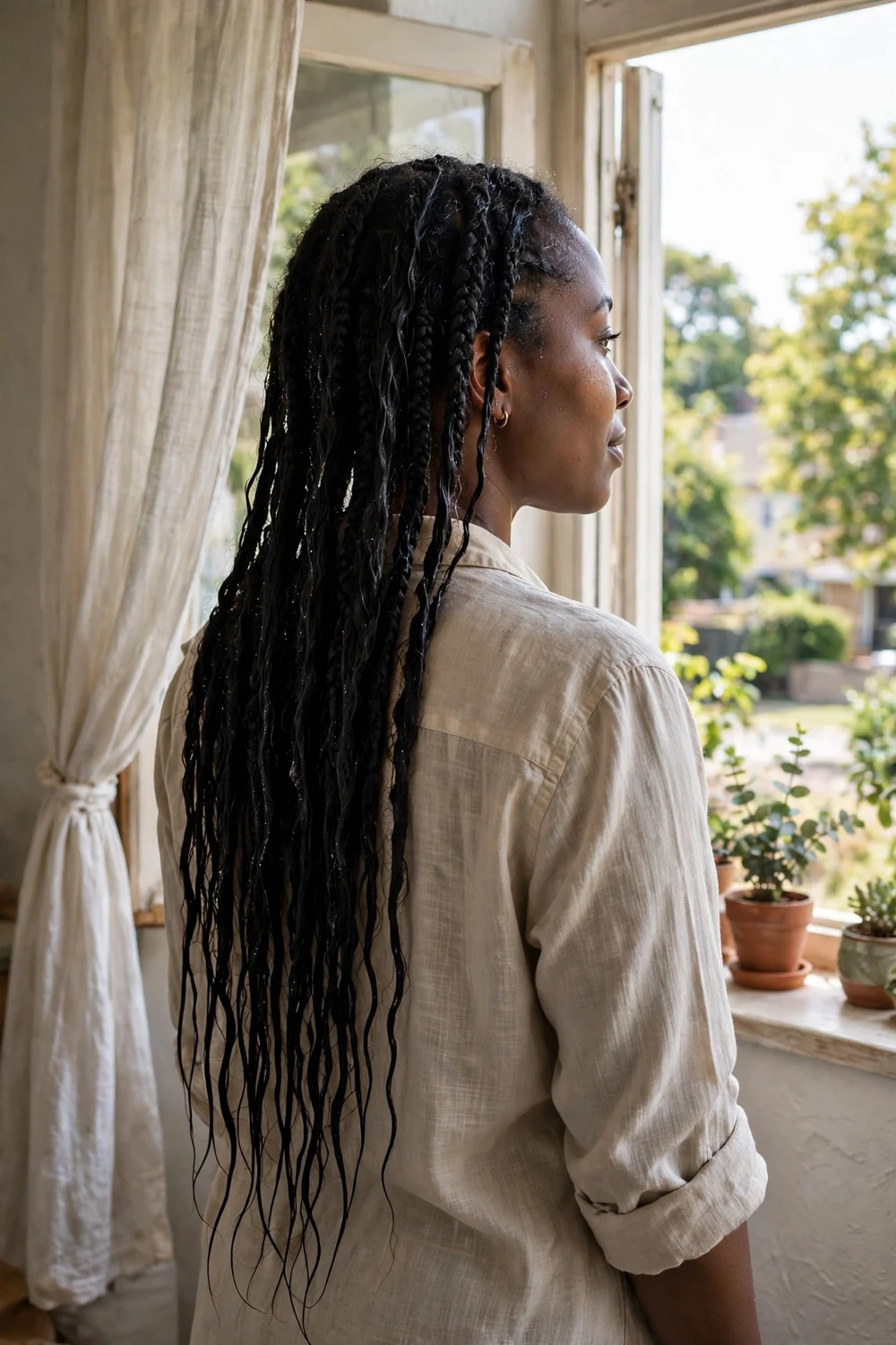 Woman air-drying her freshly washed braids hanging loose