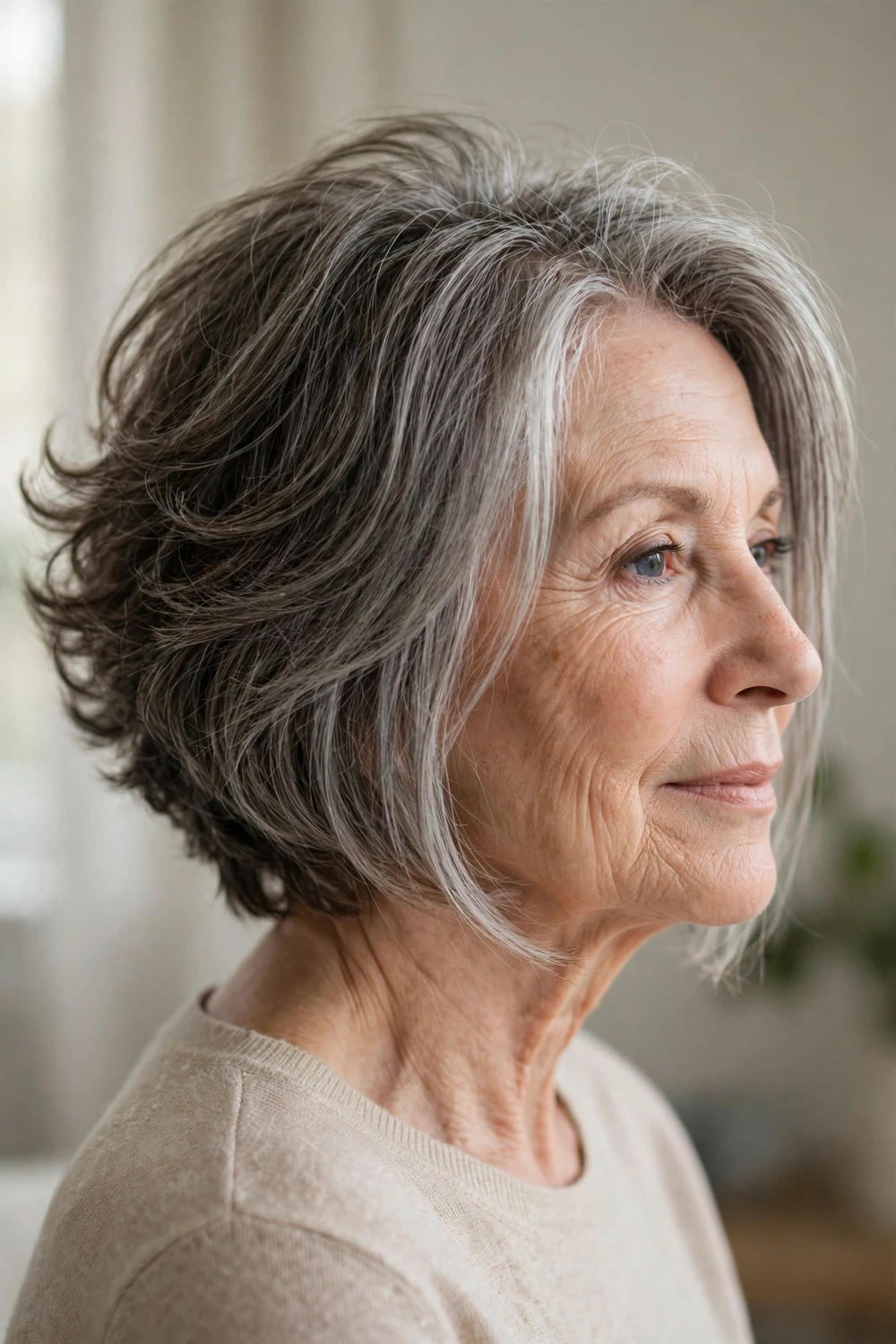 Inverted bob with airy back texture and sleek front on a woman over 60
