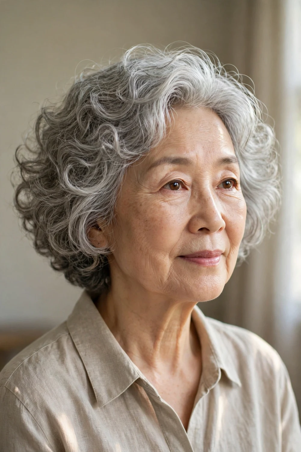 Woman over 60 with an airy curly bob