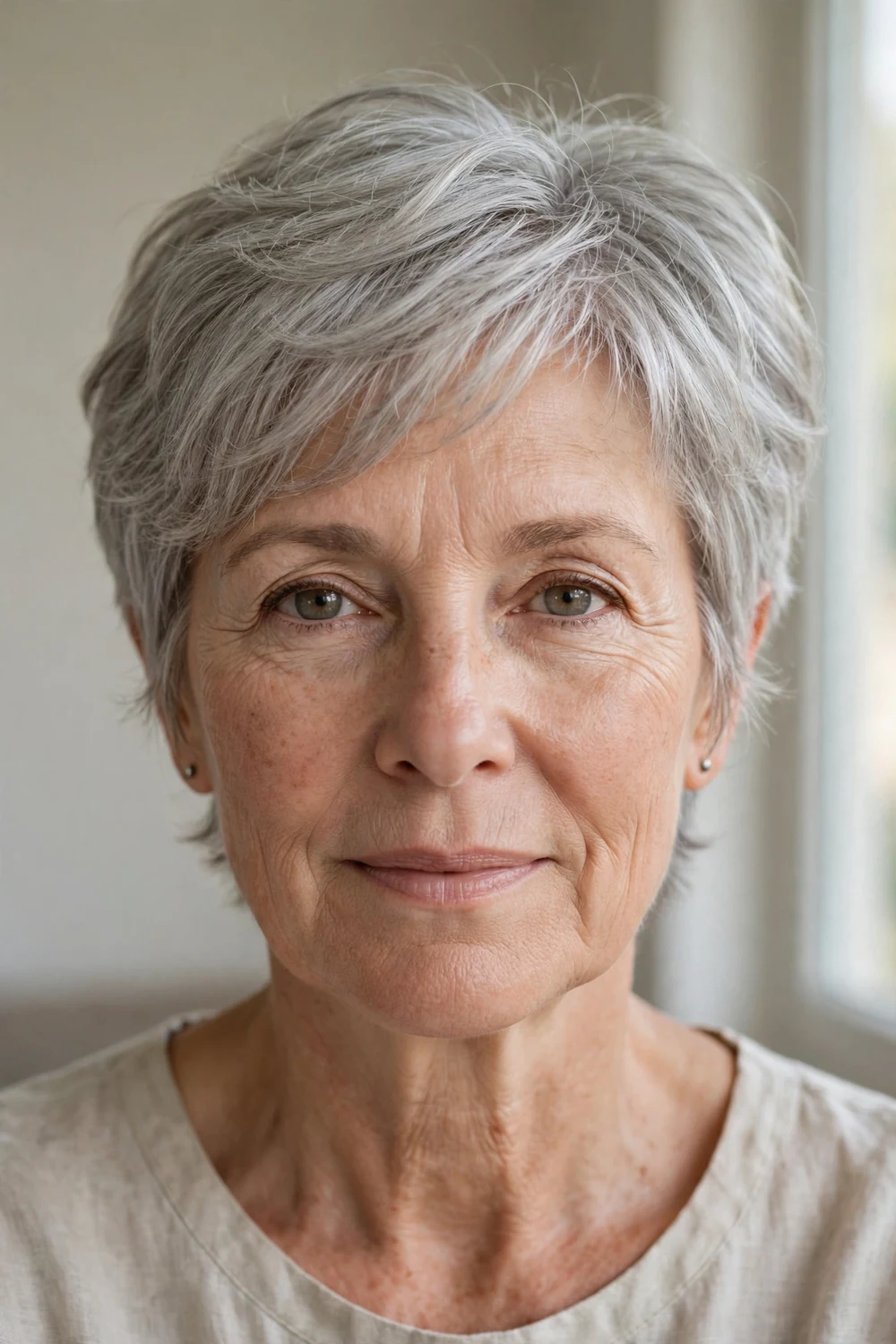 Front view of an airy layered pixie on a woman over 50 with thin light grey hair