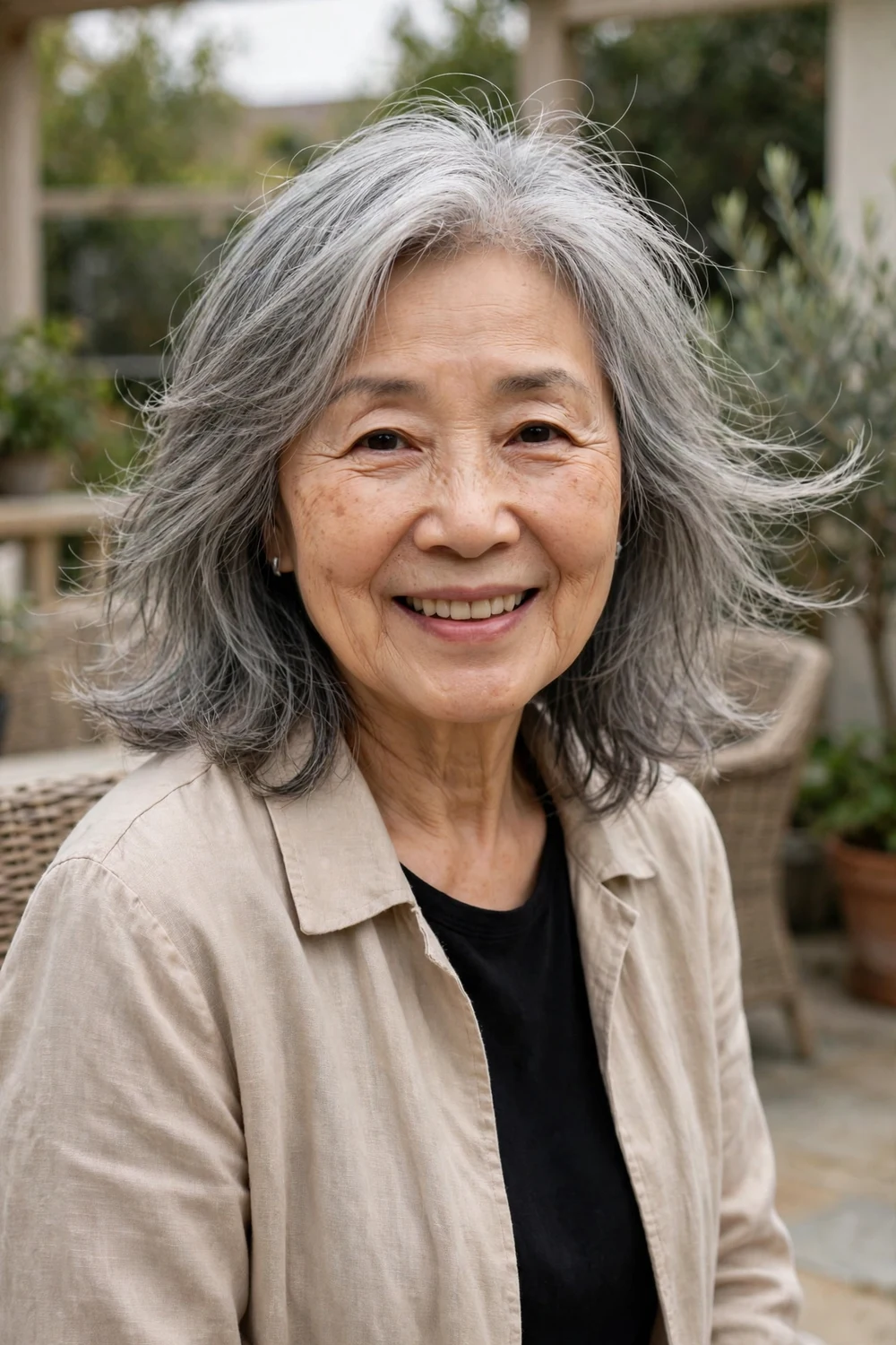 East Asian woman in her early 70s with airy shoulder-length layered gray hair on a patio