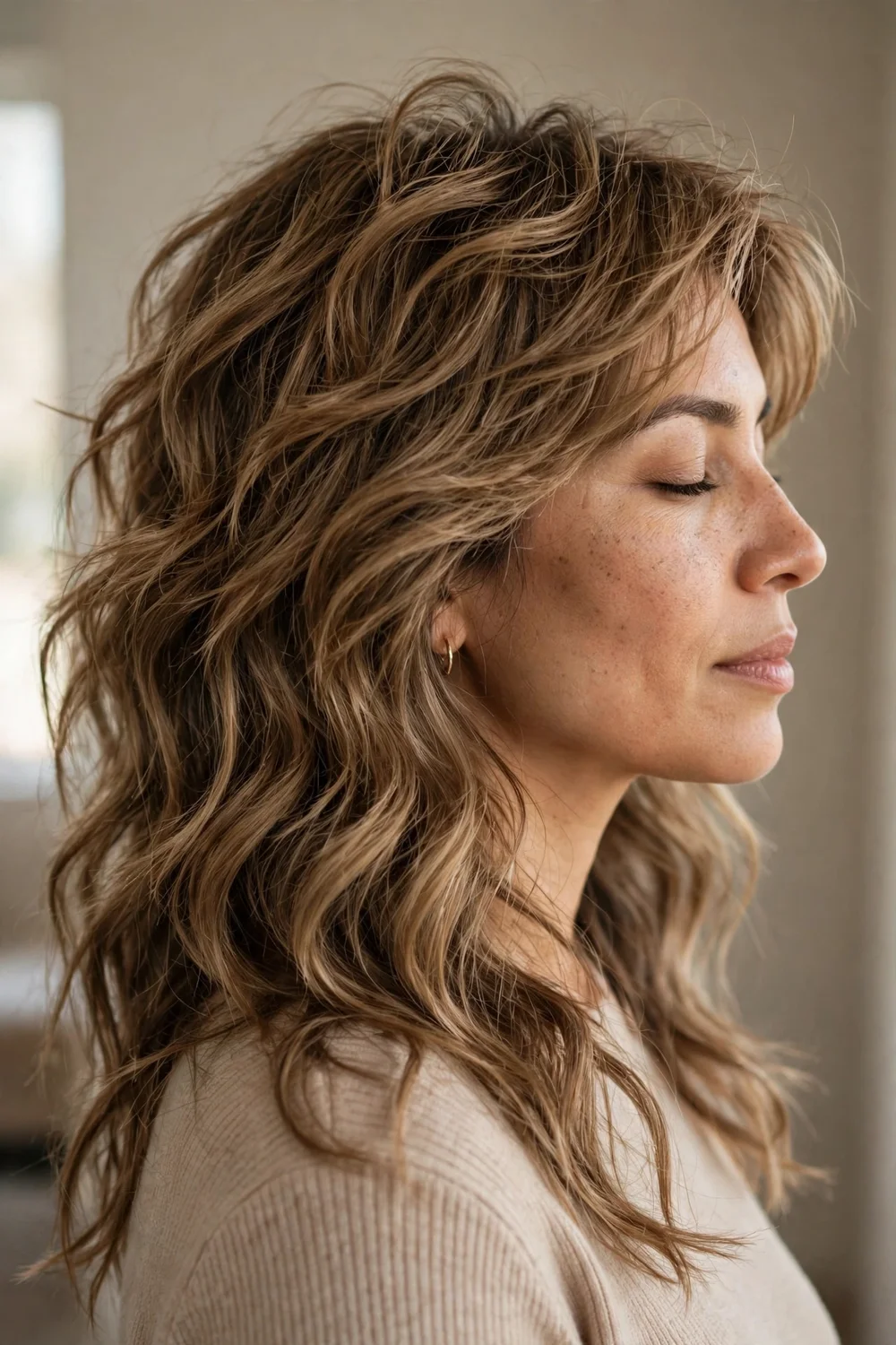 Airy wave wolf cut with light breezy waves on light brown wavy hair