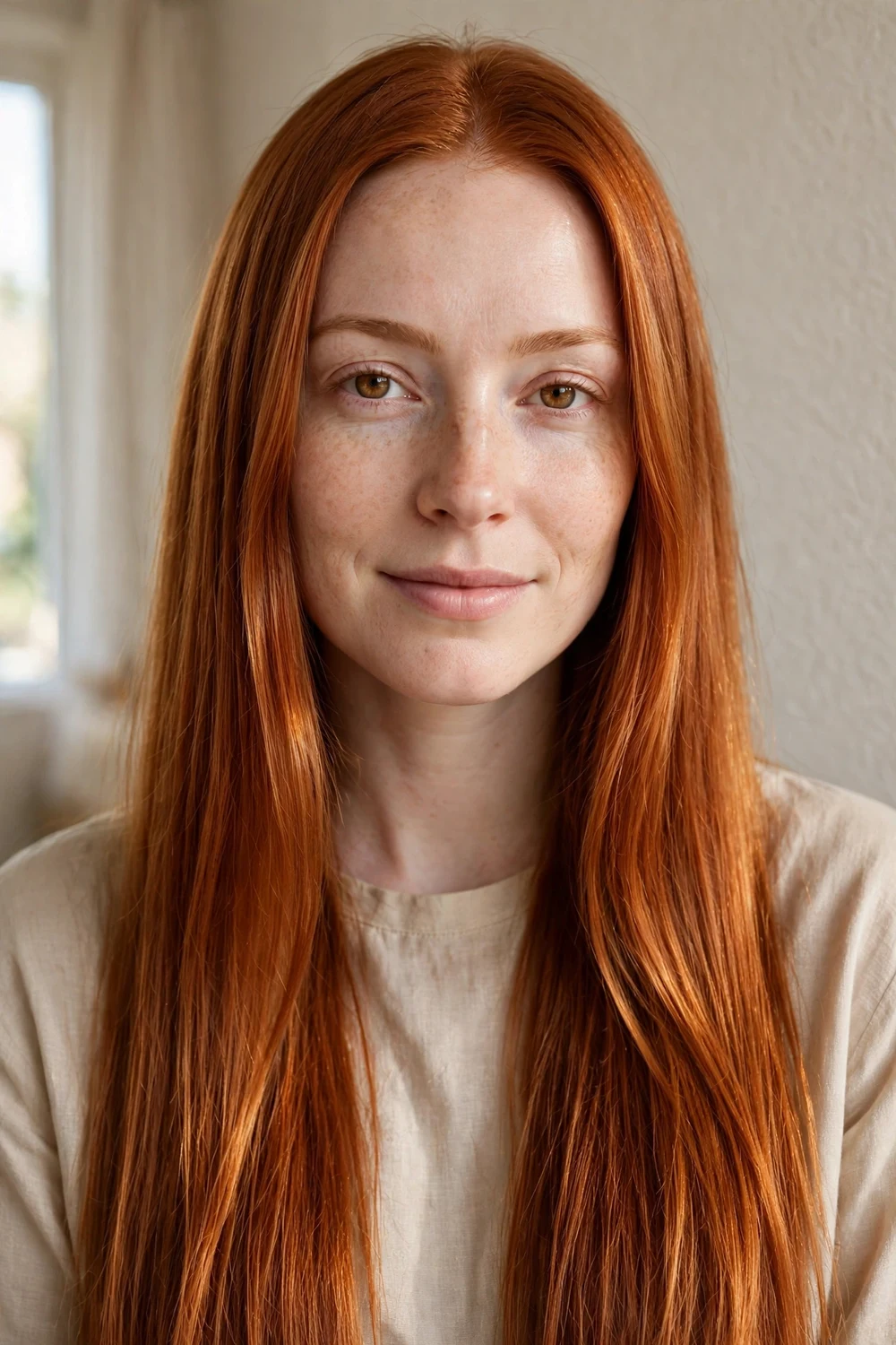 All-over auburn copper long straight hair in a rich copper red shade
