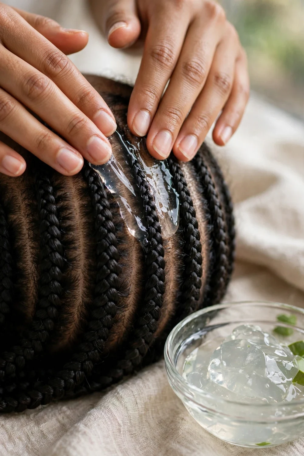 Hands applying fresh aloe vera gel along the parts of neat box braids