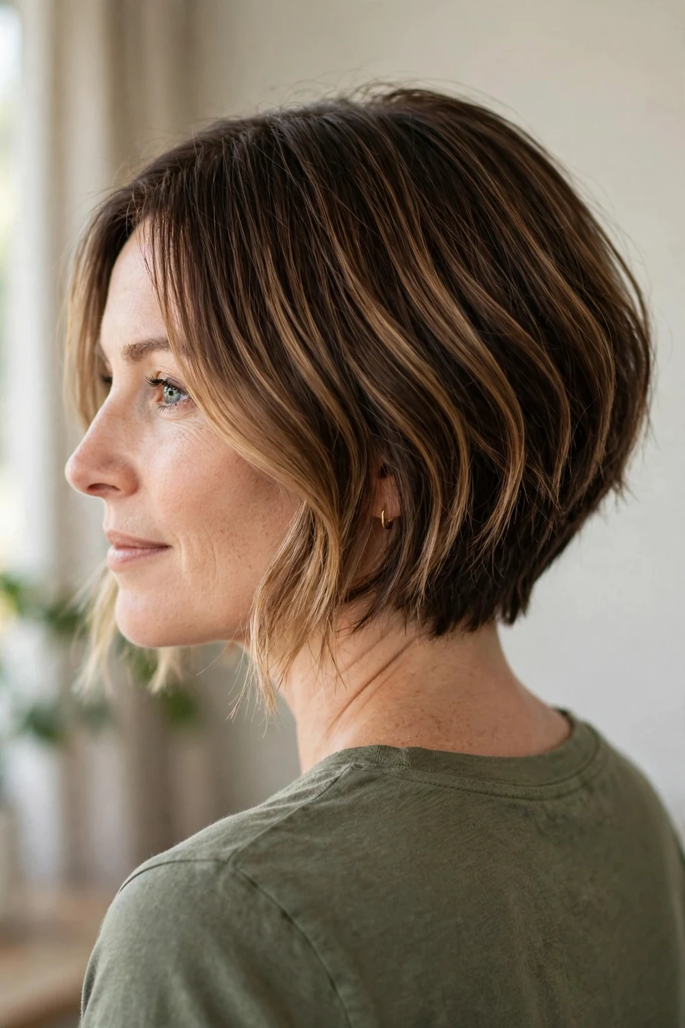 Angled bob with balayage on a woman with a round face, brunette hair with hand-painted lighter ends