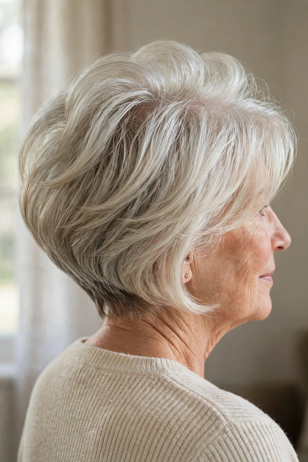 Angled bob with lifted crown volume on a woman with a round face, silver blonde hair