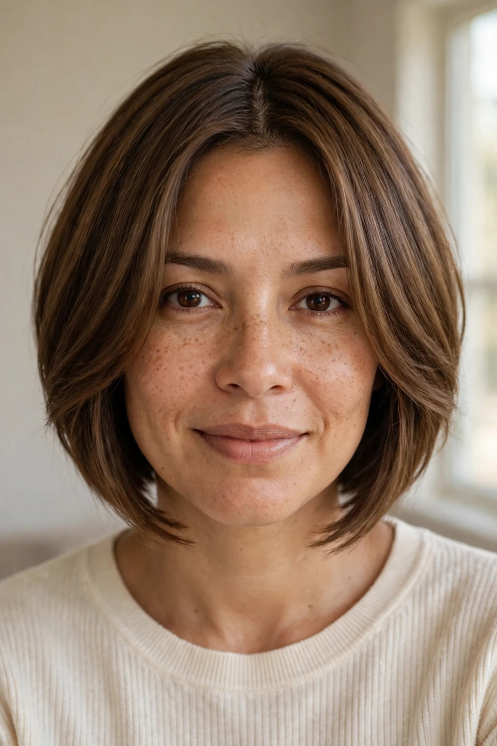 Angled bob with curtain bangs on a woman with a round face, medium brown hair parted in the middle